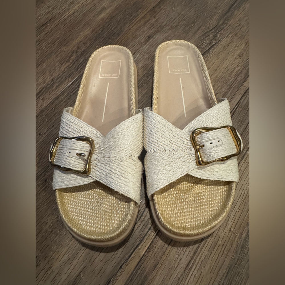 Dolce Vita Sydnee Sandal Raffia Beige/Tan Slide On Sz 8 EUC - Picture 2 of 6